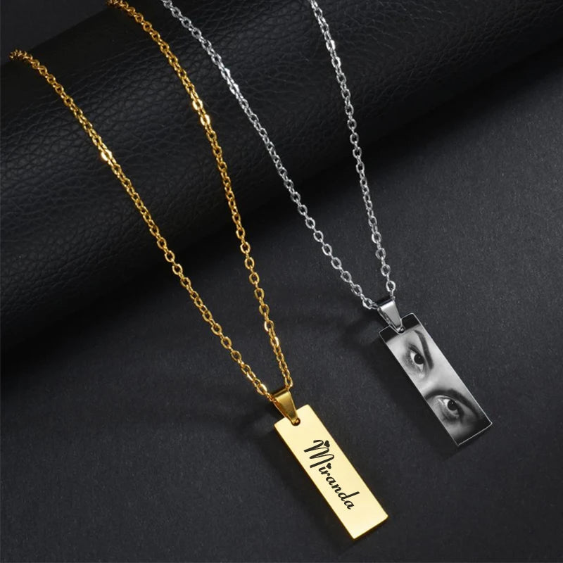 Letdiffery colares personalizados com olhos gravados, para mulheres e homens, aço inoxidável, esculpido a laser, nomes de fotos, pingente quadrado, joias, presentes
