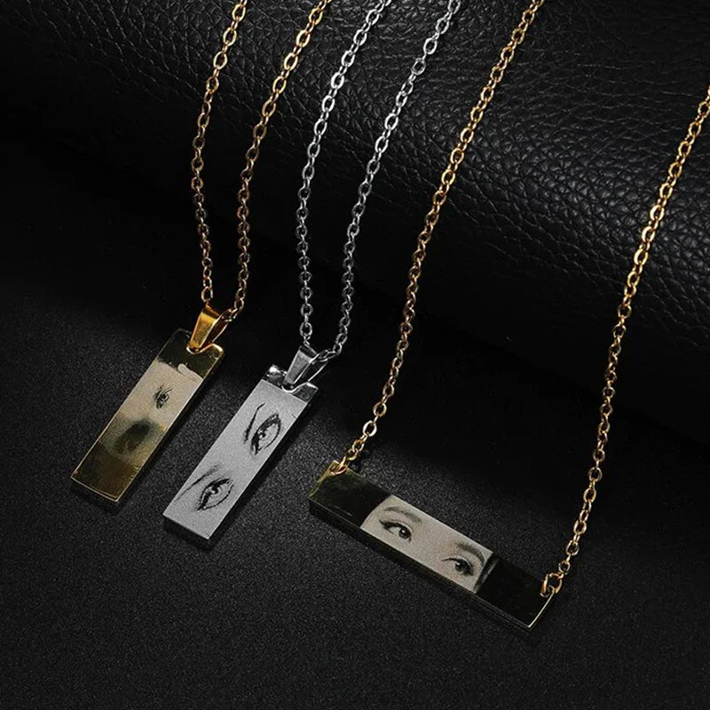 Letdiffery colares personalizados com olhos gravados, para mulheres e homens, aço inoxidável, esculpido a laser, nomes de fotos, pingente quadrado, joias, presentes
