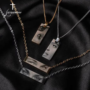 Letdiffery colares personalizados com olhos gravados, para mulheres e homens, aço inoxidável, esculpido a laser, nomes de fotos, pingente quadrado, joias, presentes