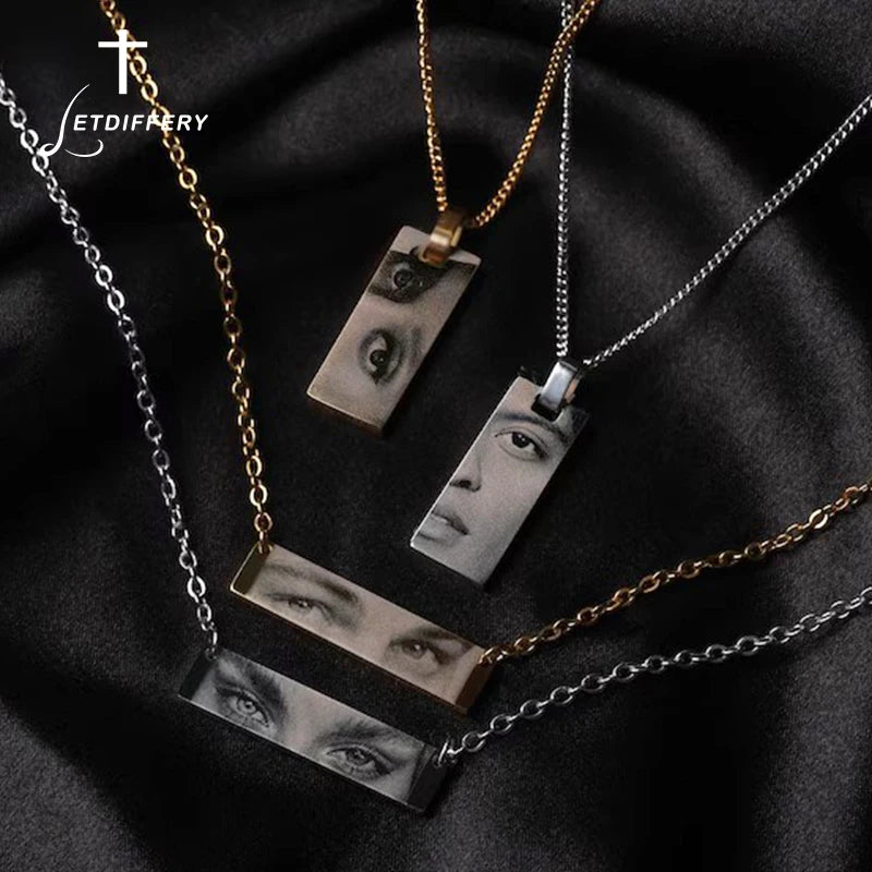 Letdiffery colares personalizados com olhos gravados, para mulheres e homens, aço inoxidável, esculpido a laser, nomes de fotos, pingente quadrado, joias, presentes
