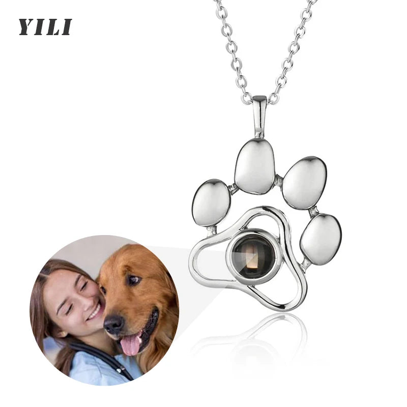 Colar de projeção de foto personalizado eu te amo 100 idiomas colar com pingente memorial de pata de cachorro colar de pata de cachorro com foto personalizada